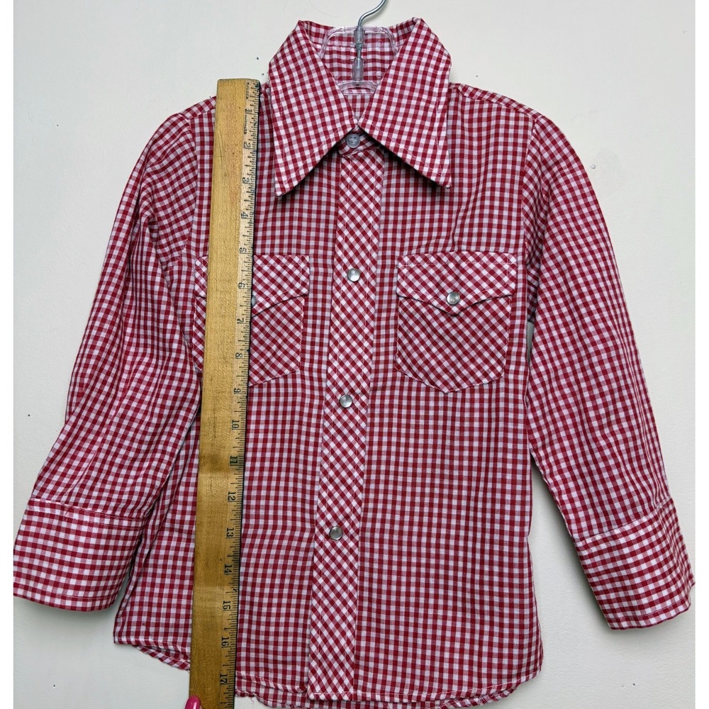 Vintage 70s Gingham Western Pearl Snap Boys Plaid Button Down Shirt Size 4 - Picture 6 of 7